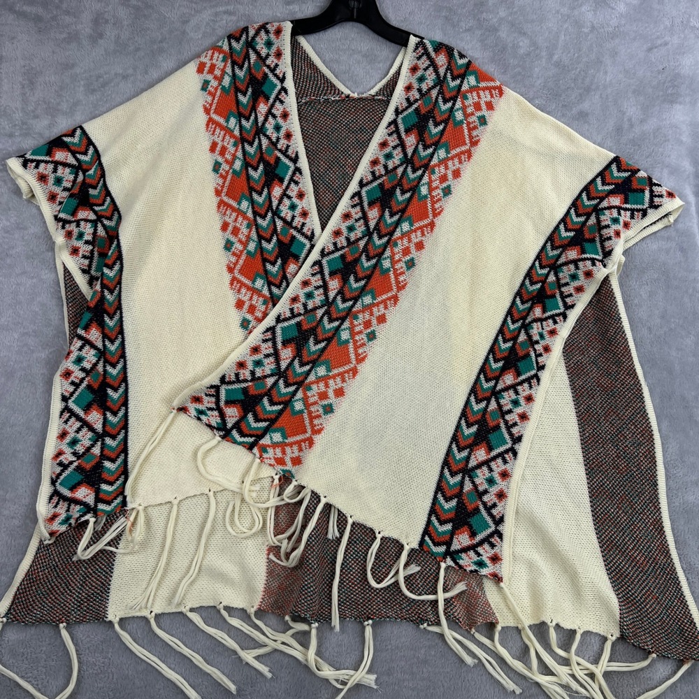 Southwestern Aztec Geometric Fringe Poncho One Size Cream Women Boho Wrap